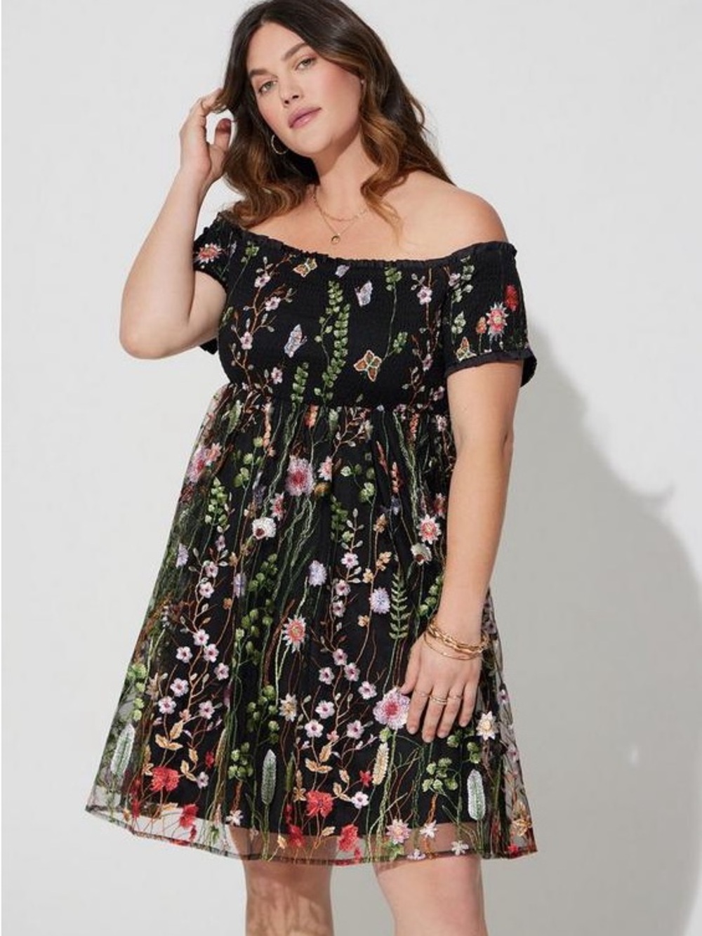 Torrid Embroidered Black Floral Off-Shoulder Smocked Bodice Dress